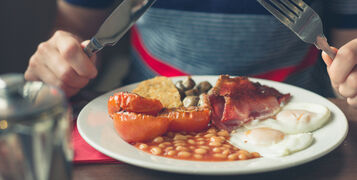 A,Young,Woman,Is,Having,A,Traditional,English,Breakfast,In